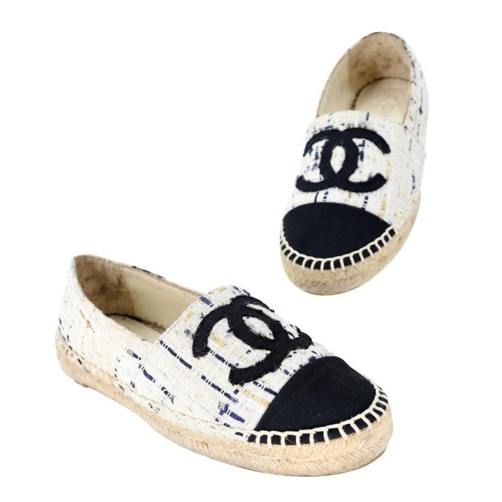 Chanel Espadrille 35 Tweed Leather Cap Toe Flats CC-S0207P-C039